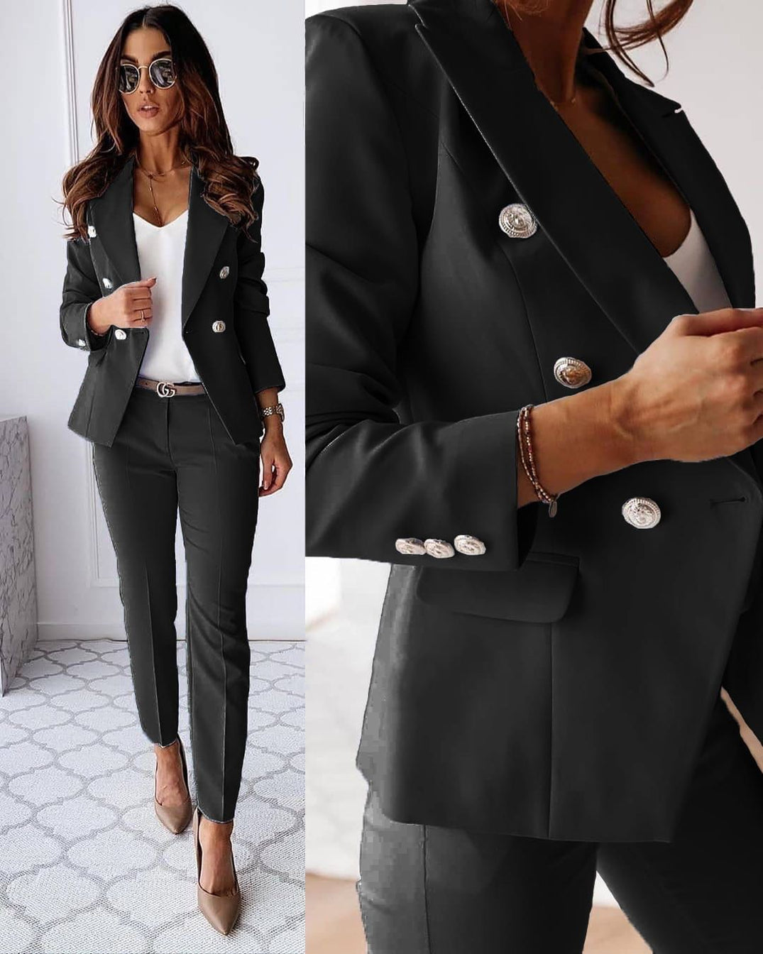 Women's suit set with tailored blazer and slim trousers, office-ready two-piece outfit