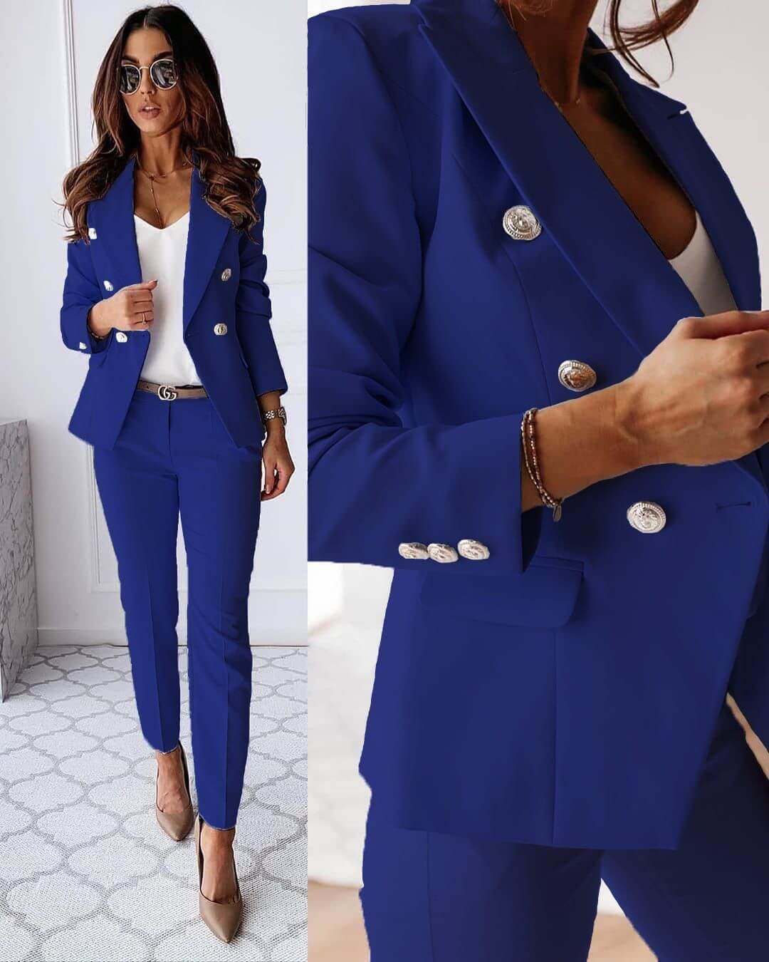 Women's suit set with tailored blazer and slim trousers, office-ready two-piece outfit