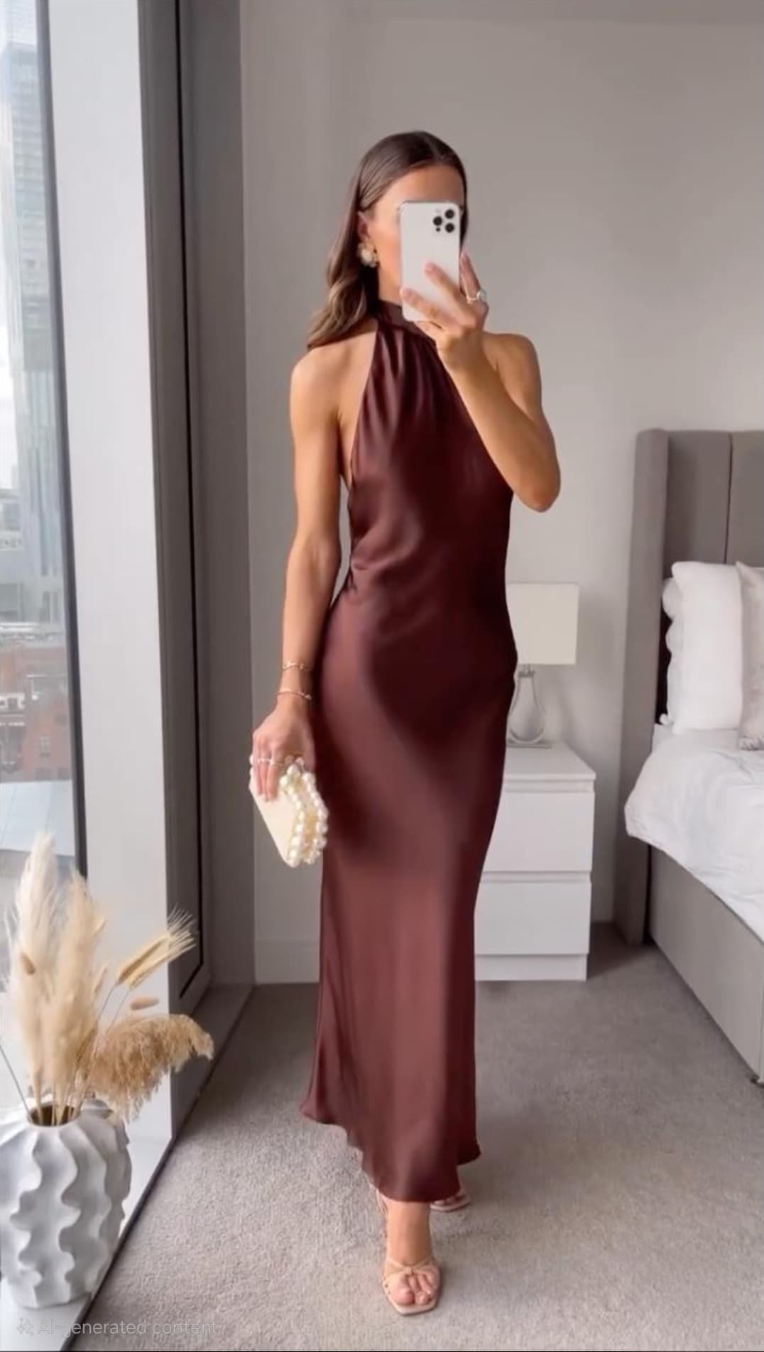 Women velvet midi dress halter neckline in brown