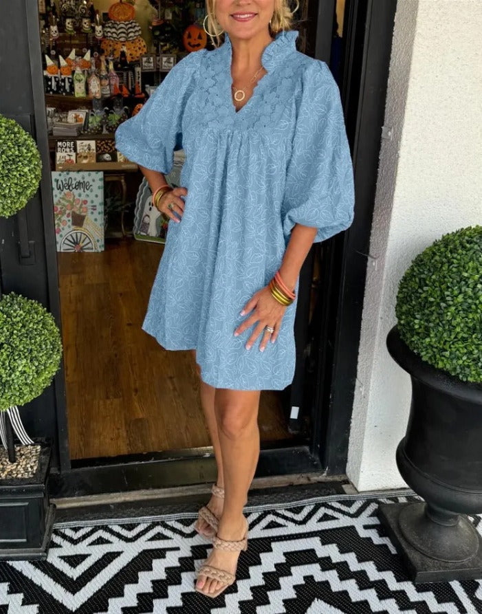 Satin puff sleeve dress with deep V-neck and cut-out detail, available in multiple colors