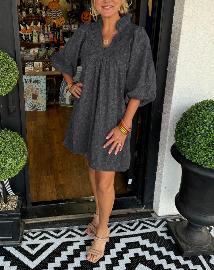 Satin puff sleeve dress with deep V-neck and cut-out detail, available in multiple colors