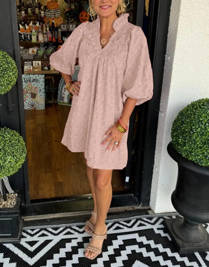 Satin puff sleeve dress with deep V-neck and cut-out detail, available in multiple colors