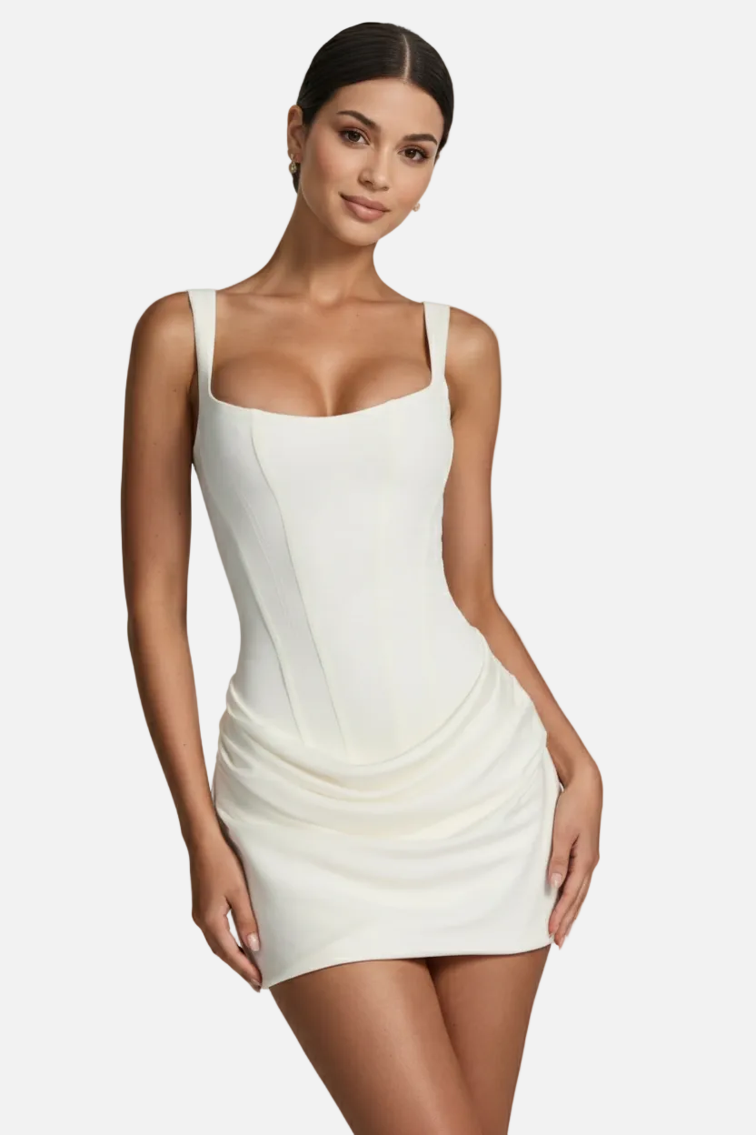 Women mini dress with square neckline ruched draped hem fitted silhouette