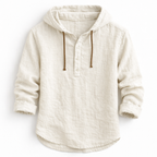Men's linen shirt relaxed fit with adjustable drawstring hood, lightweight breathable