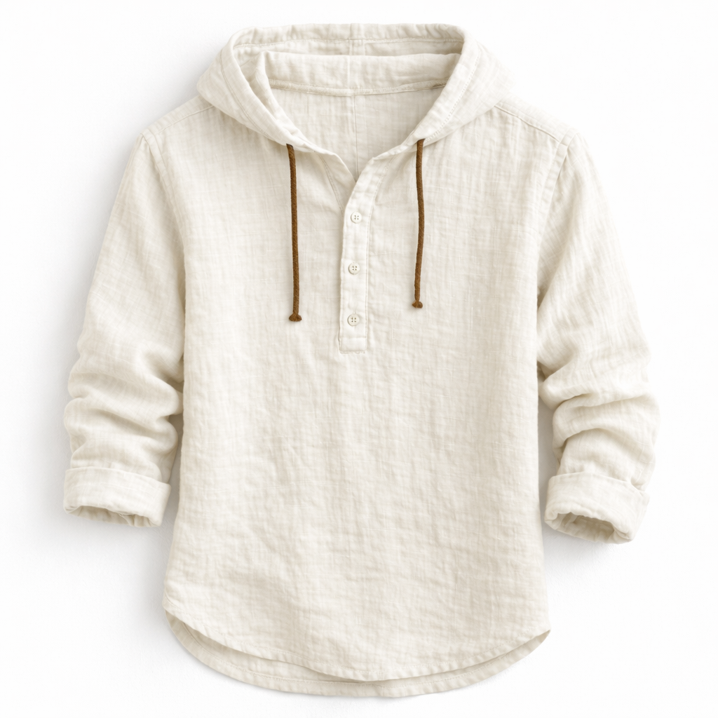 Men's linen shirt relaxed fit with adjustable drawstring hood, lightweight breathable