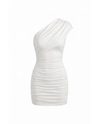 Mini Dress Women One Shoulder Ruched Fitted Asymmetric Neckline