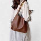 Women shoulder bag monochrome PU with wide strap in brown and black