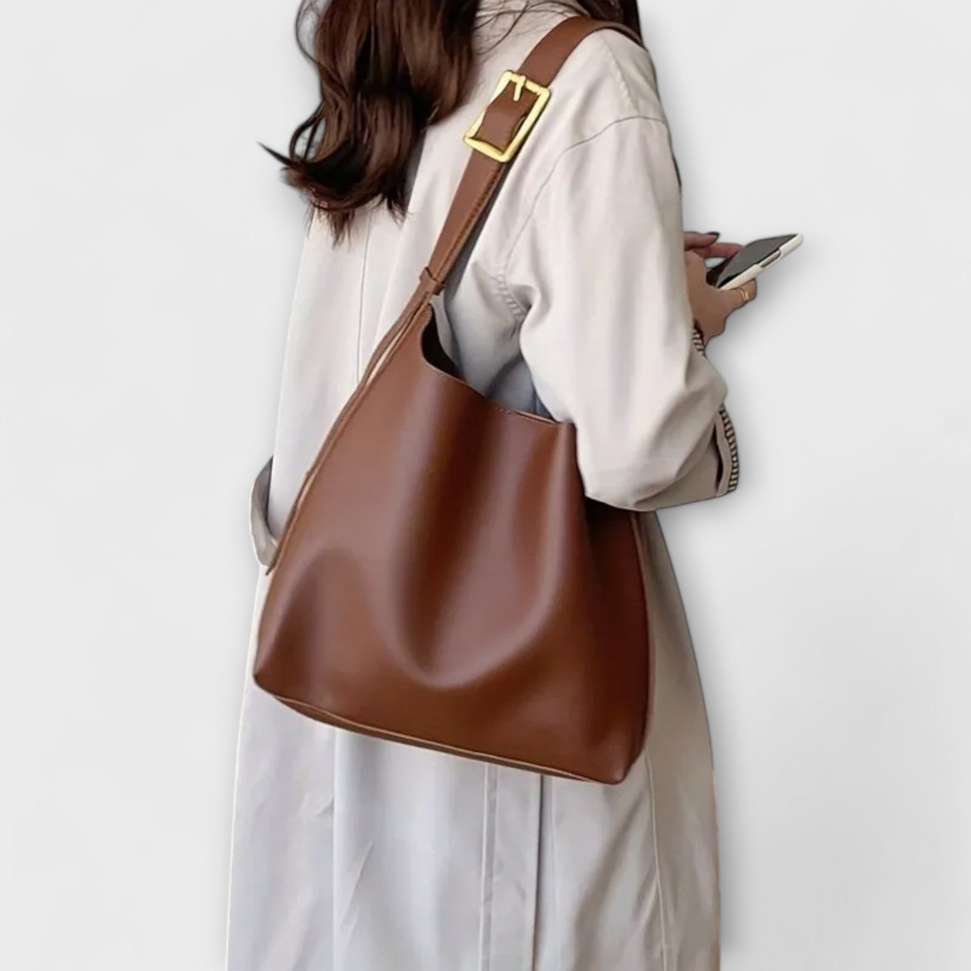 Women shoulder bag monochrome PU with wide strap in brown and black