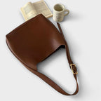 Women shoulder bag monochrome PU with wide strap in brown and black