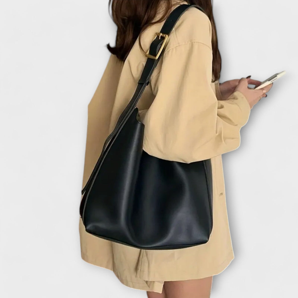 Women shoulder bag monochrome PU with wide strap in brown and black