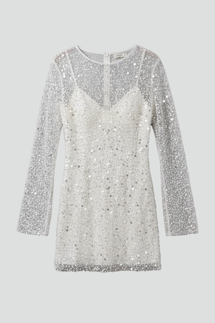 Women's mini dress with sheer mesh overlay, long sleeves and sleeveless underlayer