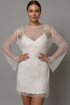 Women's mini dress with sheer mesh overlay, long sleeves and sleeveless underlayer