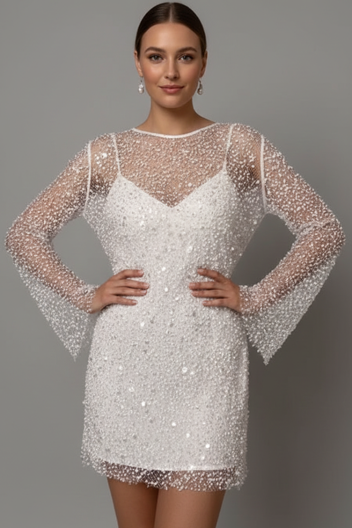 Women's mini dress with sheer mesh overlay, long sleeves and sleeveless underlayer