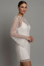 Women's mini dress with sheer mesh overlay, long sleeves and sleeveless underlayer