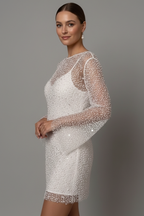 Women's mini dress with sheer mesh overlay, long sleeves and sleeveless underlayer