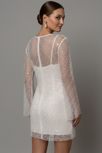 Women's mini dress with sheer mesh overlay, long sleeves and sleeveless underlayer