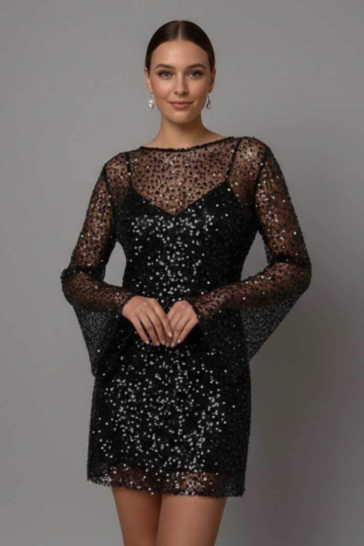 Women's mini dress with sheer mesh overlay, long sleeves and sleeveless underlayer