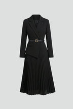 Summer Dress | Belted Blazer Dress | Long Sleeve V Neck Pleated Skirt
