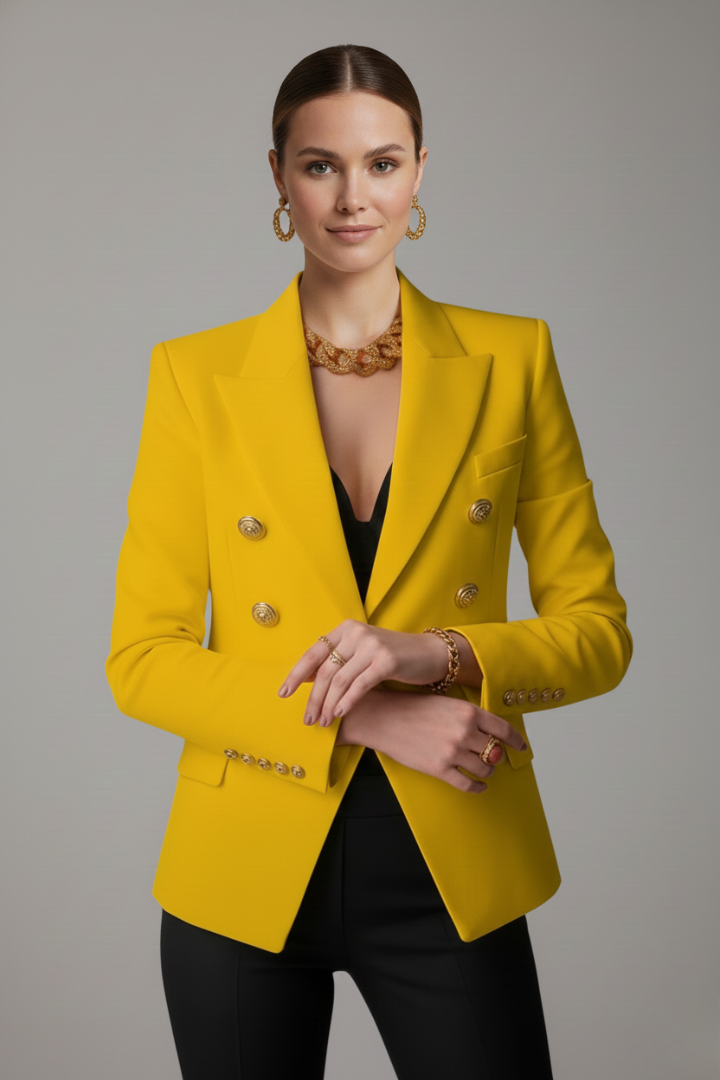 Women double breasted blazer with gold-tone button details tailored structured fit