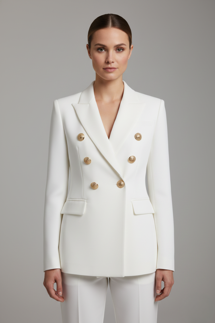 Women double breasted blazer with gold-tone button details tailored structured fit