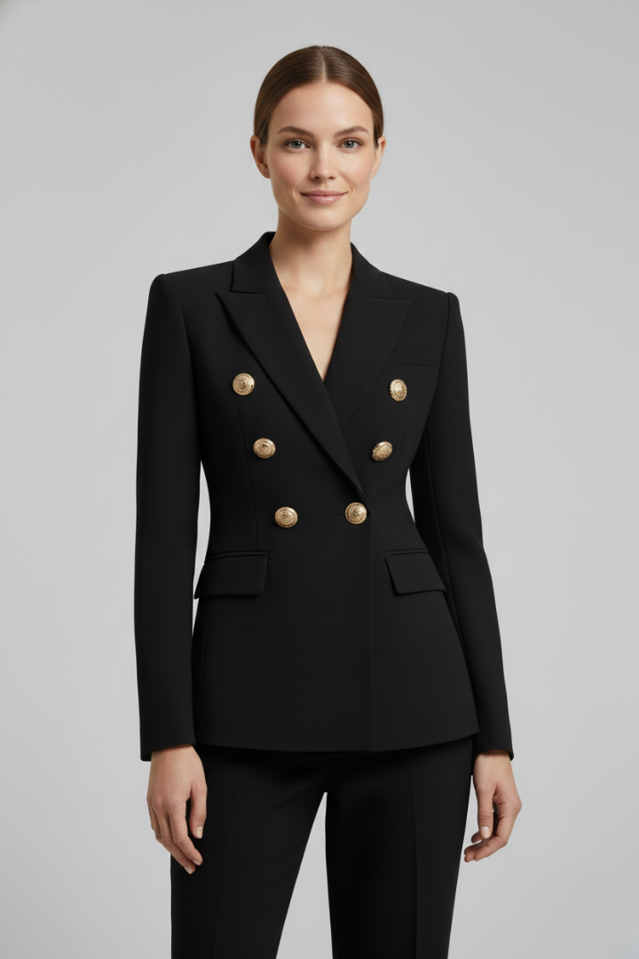 Women double breasted blazer with gold-tone button details tailored structured fit