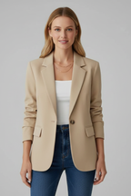 Women's blazer with notched lapel and single button closure, tailored fit