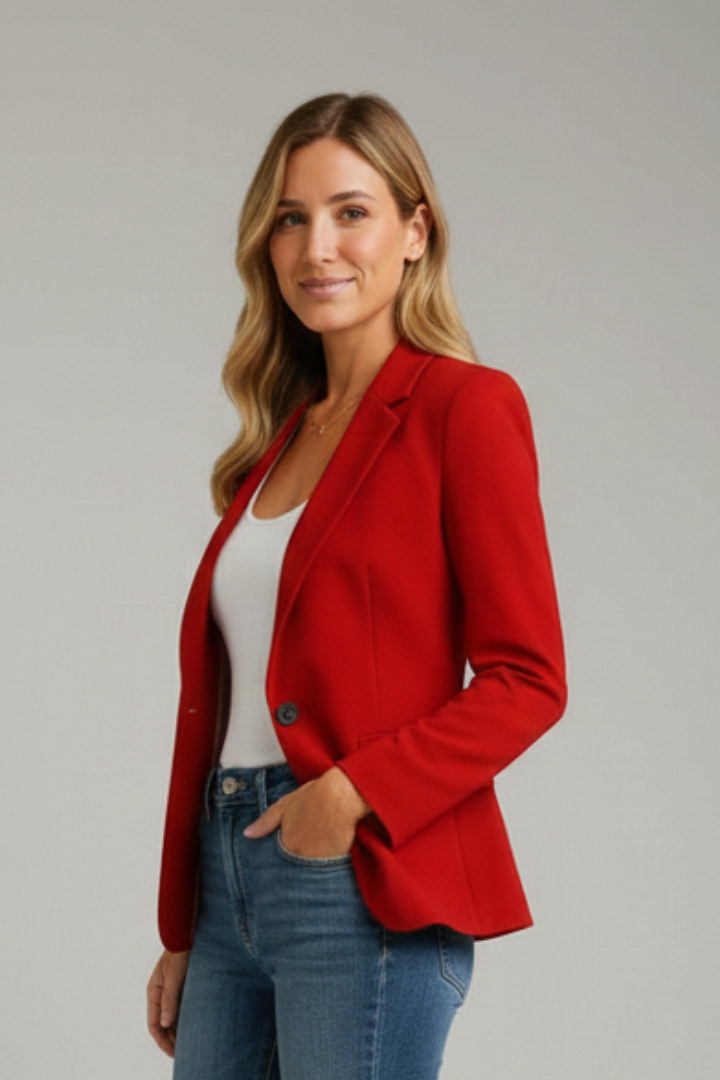 Women's blazer with notched lapel and single button closure, tailored fit