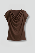 Women's blouse with cowl neck and draped front, short sleeve, available S to 5XL
