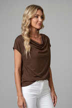 Women's blouse with cowl neck and draped front, short sleeve, available S to 5XL