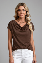 Women's blouse with cowl neck and draped front, short sleeve, available S to 5XL