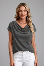 Women's blouse with cowl neck and draped front, short sleeve, available S to 5XL