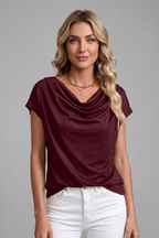 Women's blouse with cowl neck and draped front, short sleeve, available S to 5XL