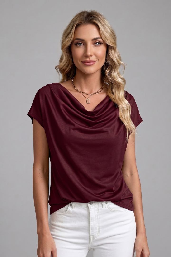 Women's blouse with cowl neck and draped front, short sleeve, available S to 5XL
