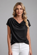 Women's blouse with cowl neck and draped front, short sleeve, available S to 5XL