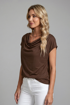 Women's blouse with cowl neck and draped front, short sleeve, available S to 5XL