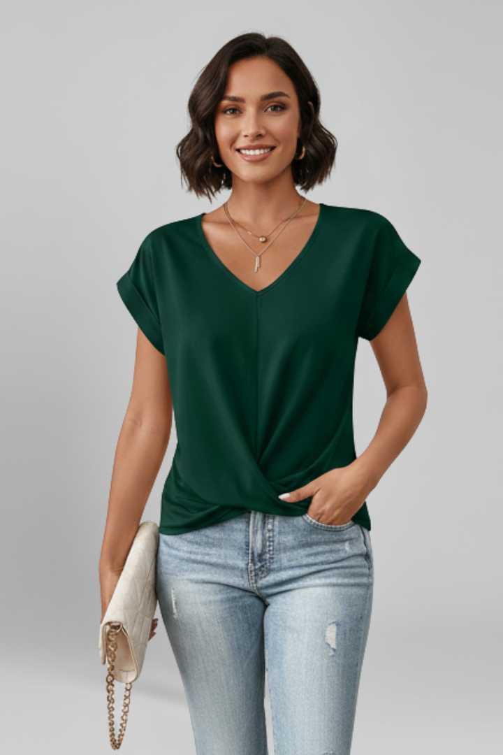 Women's blouse with V-neckline and short sleeves, relaxed fit, available in multiple colours