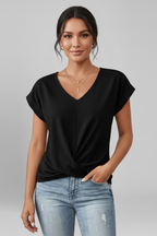 Women's blouse with V-neckline and short sleeves, relaxed fit, available in multiple colours