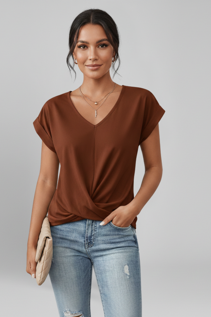 Women's blouse with V-neckline and short sleeves, relaxed fit, available in multiple colours