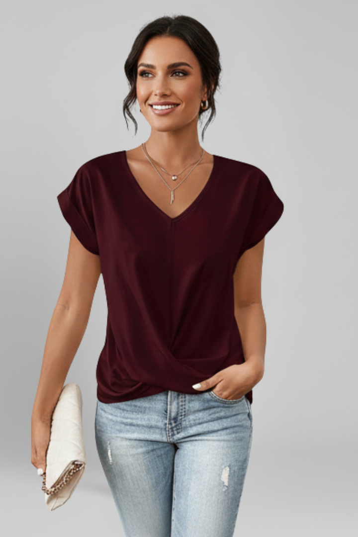 Women's blouse with V-neckline and short sleeves, relaxed fit, available in multiple colours