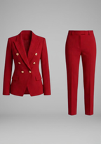 Women's double-breasted blazer set with tailored trousers, office wear, available in multiple colours