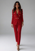 Women's double-breasted blazer set with tailored trousers, office wear, available in multiple colours