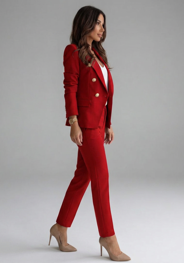 Women's double-breasted blazer set with tailored trousers, office wear, available in multiple colours