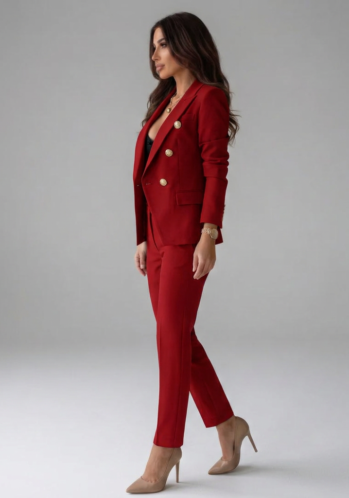 Women's double-breasted blazer set with tailored trousers, office wear, available in multiple colours