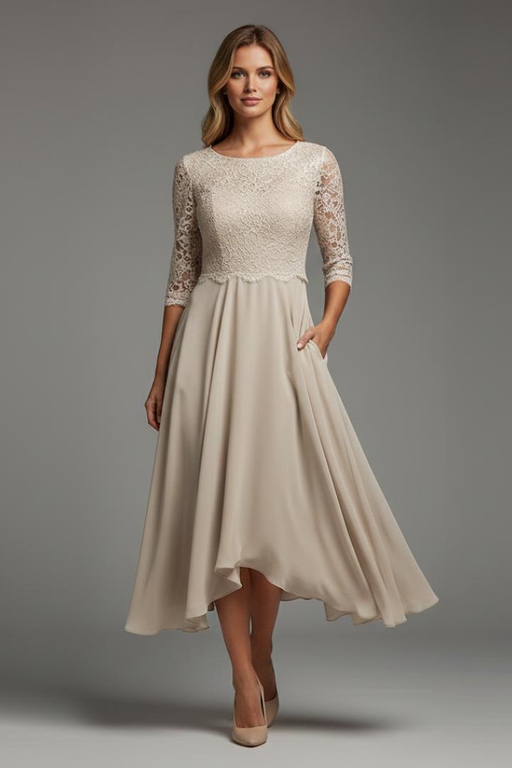 Women's midi dress with round neckline and short sleeves, loose fit, small-scale pattern