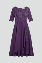 Women's midi dress with round neckline and short sleeves, loose fit, small-scale pattern