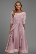 Women's midi dress with round neckline and short sleeves, loose fit, small-scale pattern