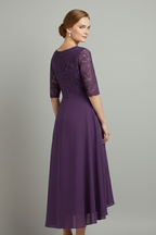Women's midi dress with round neckline and short sleeves, loose fit, small-scale pattern