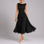 Women's pleated midi dress with draped neckline and fitted waist, sleeveless occasion wear
