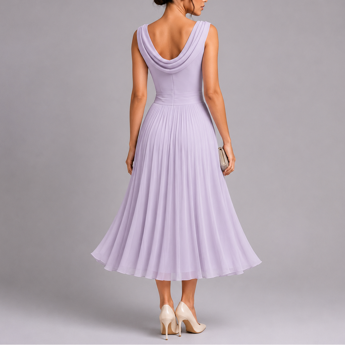 Women's pleated midi dress with draped neckline and fitted waist, sleeveless occasion wear
