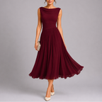 Women's pleated midi dress with draped neckline and fitted waist, sleeveless occasion wear